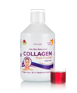 Colagen Lichid Hidrolizat 10000mg + Acid Hialuronic 50mg + Biotina 5000mcg + Cupru + Siliciu + Vitamina C, B5, B6, B12 – sticlă cu 500 ml