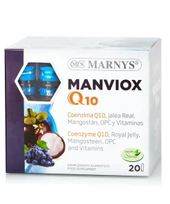 Manviox Q10 – Coenzima Q10 + Mangostan + Lăptișor de Matcă + Semințe de Struguri + 10 Vitamine – Antioxidant, Anti-Aging, Energizant – 20 Fiole