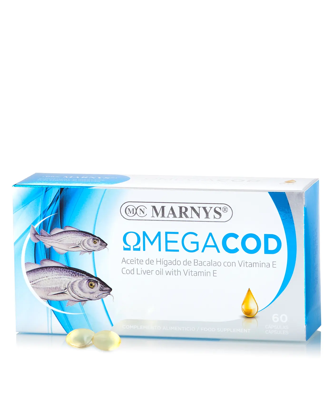 OMEGA COD cu Ulei de Cod + Omega 3 + Vitamina A + Vitamina D + Vitamina E 100% naturala pentru buna functionare a inimii si putere de concentrare - 60 gelule