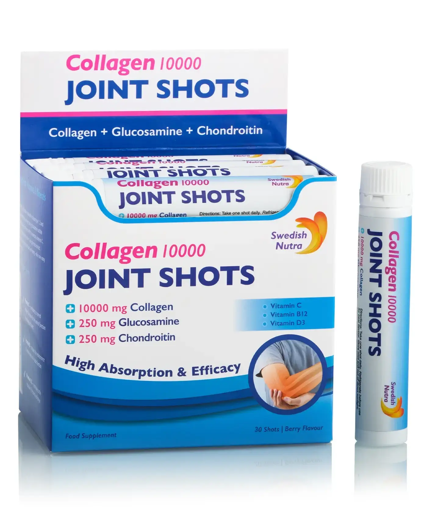 Joint Shots - 30 shots - Colagen lichid hidrolizat de tip 1, 2 și 3 cu 10.000mg + Glucozamină Sulfat + MSM + Condroitină + Turmeric + Ceai verde + Vitamina B12, C și D3