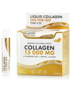 Colagen 15.000 mg – Colagen Marin Hidrolizat Lichid Tip 1 si 3 + Acid Hialuronic 50 mg + Retinol 800 mcg + Elastina 10 mg + MSM 100 mg + Zinc 10 mg + Seleniu 27,5 mcg + Vitamine + Organic Superfoods Fructe si Legume – Cutie cu 20 Shots