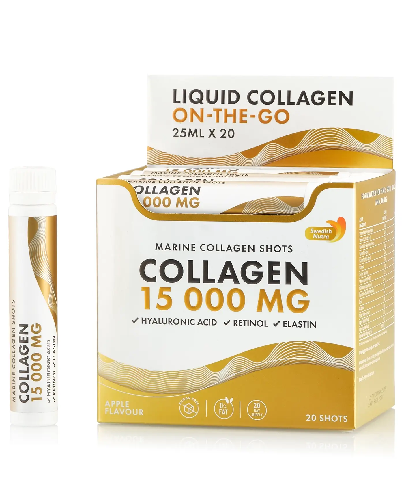 Colagen 15.000 mg – Colagen Marin Hidrolizat Lichid Tip 1 si 3 + Acid Hialuronic 50 mg + Retinol 800 mcg + Elastina 10 mg + MSM 100 mg + Zinc 10 mg + Seleniu 27,5 mcg + Vitamine + Organic Superfoods Fructe si Legume – Cutie cu 20 Shots