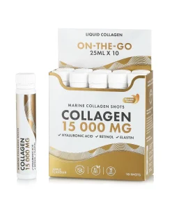Colagen 15.000 mg – 10 Shots – Colagen Marin Hidrolizat Lichid Tip 1 si 3 + Retinol 800 mcg + Acid Hialuronic 50 mg + Elastina 10 mg + Vitamine + Minerale + Organic Superfood Fructe si Legume
