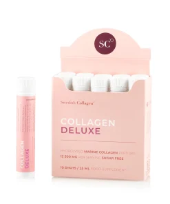 Colagen Deluxe 10 Shots Travel Pack – Colagen Marin Hidrolizat Lichid cu 12.500 mg la doza zilnica + Acid Hialuronic + Biotina + MSM + Zinc + Siliciu + Vitamine – Usor de transportat si administrat