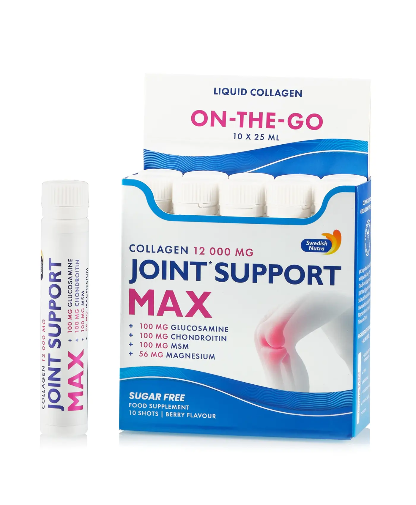 Joint Support Max 10 Shots Travel Pack – Colagen Hidrolizat Pure Peptide de Tip 1, 2 si 3 cu 12.000 mg + Acid Hialuronic + Glucozamina + Condroitina + MSM + Turmeric + Vitamina D3 + Seleniu pentru Oase, Dureri Articulare si Mobilitate