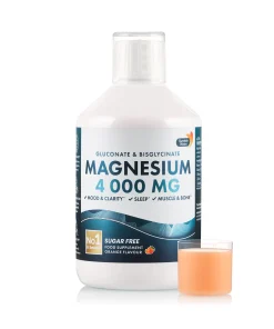Magneziu 4000 Gluconat + Bisglicinat cu Vitaminele C + D3 + Aminoacizii Teanina, Tirozina si Triptofan pentru Claritate Mentala, Somn, Muschi, Oase si Echilibru Interior – Produs Vegan – Sticla cu 500 ml