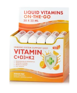 Vitamina C 500 mg + Vitamina D3 + K2 + Probiotice – 30 Fiole – Imunitate, Energie si Piele cu Aspect Sanatos – Produs Vegan Cutie